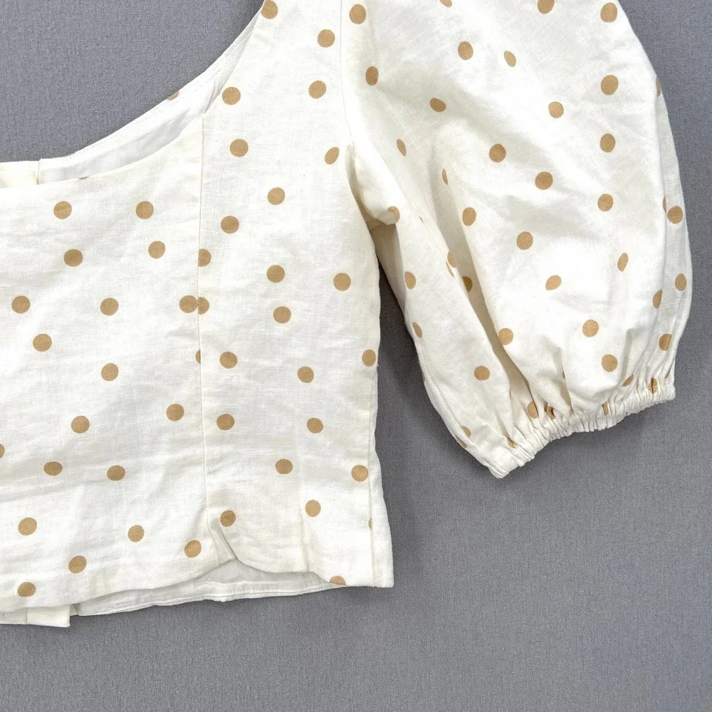LPA Shirt Womens Medium White Linen Puff Sleeve Crop Top Button Front Polka Dot - Picture 6 of 14